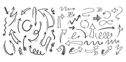 Arrow vector line set. Charcoal hand drawn pencil arrows. Doodle curved chalk darts. brush sketch arrow line curve up, down shape chalk texture element set. Abstract grunge scribble chalk crayon style