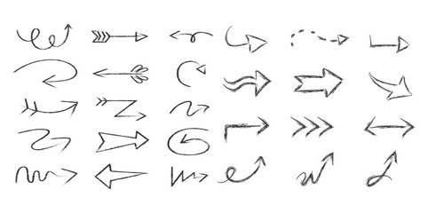 Arrow vector line set. Charcoal hand drawn pencil arrows. Doodle curved chalk darts. brush sketch arrow line curve up, down shape chalk texture element set. Abstract grunge scribble chalk crayon style