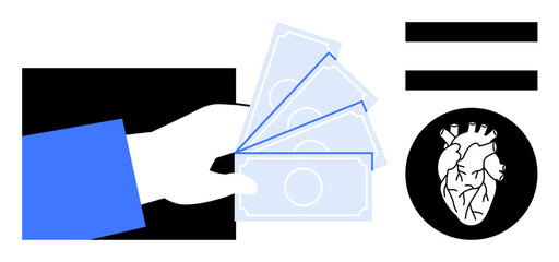 Hand extending paper money toward equality sign paired with anatomical heart. Ideal for charity, economics, healthcare ethics, social justice, philanthropy, trade-offs, moral decisions. Simple flat