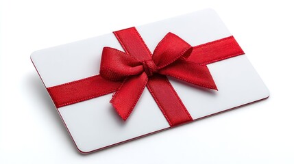 A gift certificate or card, elegantly decorated with a vibrant red ribbon and bow, rests on a plain white background.