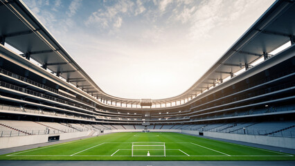 Wide-angle view of a modern, empty football stadium with green grass field and goalposts under a bright, cloudy sky.