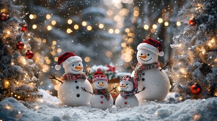 Snowmen family celebrating Christmas with lights and decorations in a winter wonderland