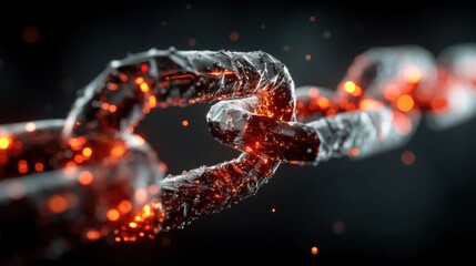 A detailed close-up view of a metal chain link, seemingly burning or melting, showcasing fiery sparks and a dramatic contrast of light and shadow.