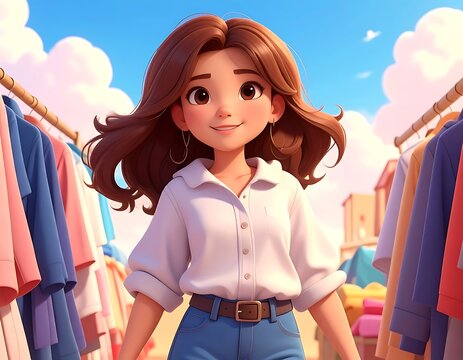 Cartoon woman smiling amidst clothes racks, sunny blue sky