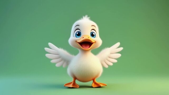 Cute cartoon duckling with open wings on a light green background