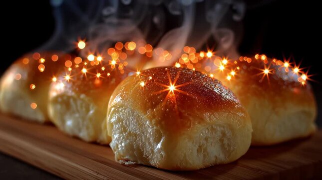 Fresh bread roll steamed bun glowing with warm sparkle light and golden crust on wooden bakery board close up aroma glow