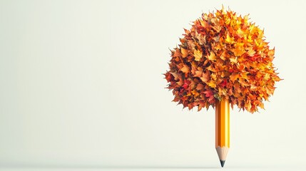 Creative idea blending yellow pencil and colorful autumn leaves to form a tree shape in an artistic display