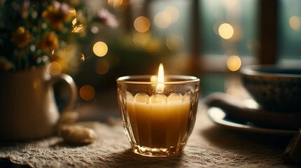 Cozy candle flicker on table warm candlelight glow glass candle holder tea cup flowers softly lit bokeh ambient lighting gentle smoke - Powered by Adobe
