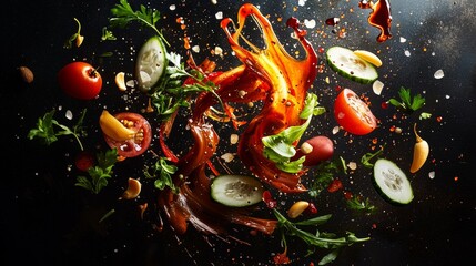 Fresh ingredients splash in vibrant composition capturing motion and flavor during meal preparation