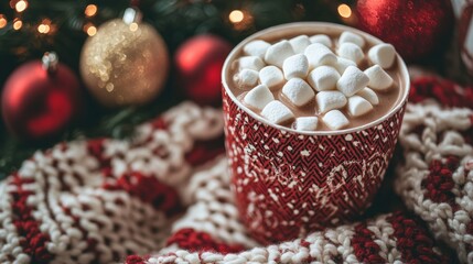 Warm cup of hot chocolate with marshmallows surrounded by festive decorations during the holiday season
