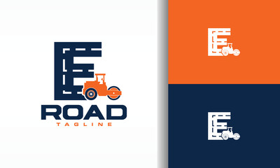 E Road Construction Logo with Road Roller Icon