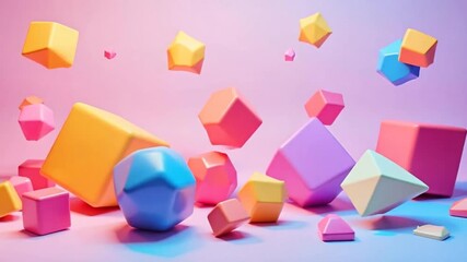 Animated playful geometric shapes in pastel colors dynamically moving and rotating for a modern, fun abstract background or design element - Powered by Adobe
