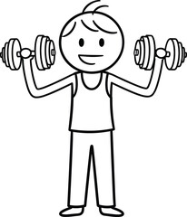 Stick figure character lifting dumbbells, representing fitness, strength training, exercise, healthy lifestyle, workout routines, and gym motivation illustration