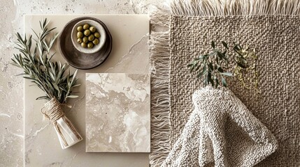 Decorative table setting featuring olives, natural textiles, and neutral stone elements in a modern home setup