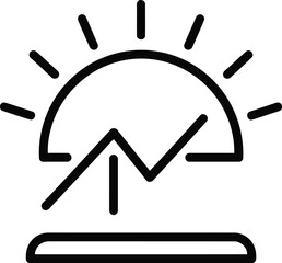 A line art icon depicting a rising sun over an upwardtrending line graph, symbolizing growth, progress, and new beginnings