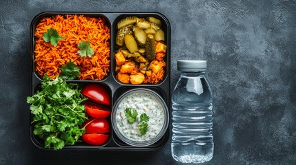 Colorful meal box with rice, vegetables, and sauce beside a bottle of water ready for lunch