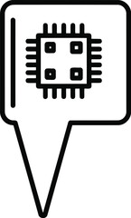 Outline icon of a computer chip in a location pin, representing smart technology, digital data, and processing