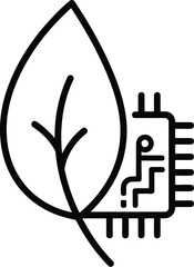 Line art icon depicting a green leaf intertwined with a microchip, symbolizing sustainable technology, ecofriendly innovation, and the integration of nature with digital advancements