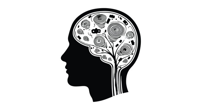 Intricate mechanical gears and cogs fill a stylized human head silhouette, symbolizing thought and innovation.