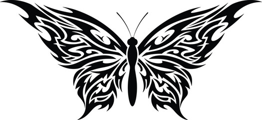Tribal butterfly design with decorative symmetrical wings, perfect for tattoo art, ornamental graphics, patterns, decoration, and creative vector illustration projects