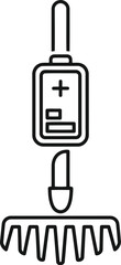 Line art icon of a garden rake with a battery symbol, representing electric or powered gardening tools, lawn care, and modern agricultural equipment