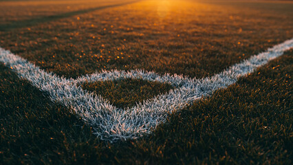 Close-up view of a white corner line on a green sports field at sunset, with warm sunlight.