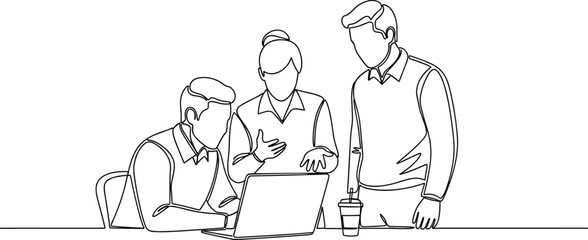 Business team collaboration scene, office coworkers discussing project ideas, teamwork brainstorming at laptop, professional colleagues working together in modern workplace setting