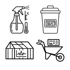 Gardening and agriculture icons spray bottle, thermometer, storage bin, greenhouse, and wheelbarrow isolated line art on white background