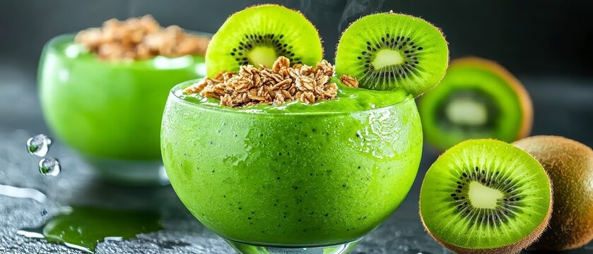 Refreshing green kiwi smoothie bowl kitchen food photography bright lighting close-up healthy lifestyle - Powered by Adobe