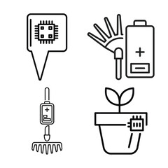 Line icons of smart agriculture, gardening, and energy technology, featuring microchips, sensors, batteries, and plant monitoring, for modern sustainable solutions