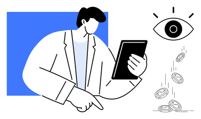 Man in a suit holding tablet, pointing to details, with eye monitoring falling coins. Ideal for finance, marketing, analytics, productivity, vision strategy monitoring. Simple flat metaphor