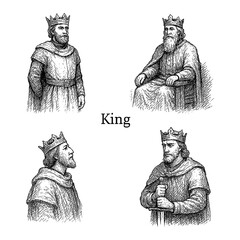 Fototapeta premium Medieval king in royal cloak and crown with varied poses, vintage engraving style, Transparent Background