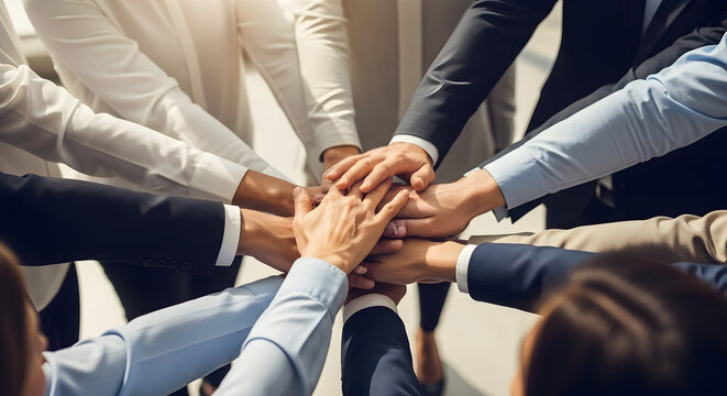 Diverse group of business professionals placing hands together in teamwork and unity gesture in a corporate office setting emphasizing collaboration and success