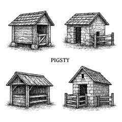 Obraz premium Medieval pigsty structures with stone and timber enclosures in vintage engraving style, Transparent Background