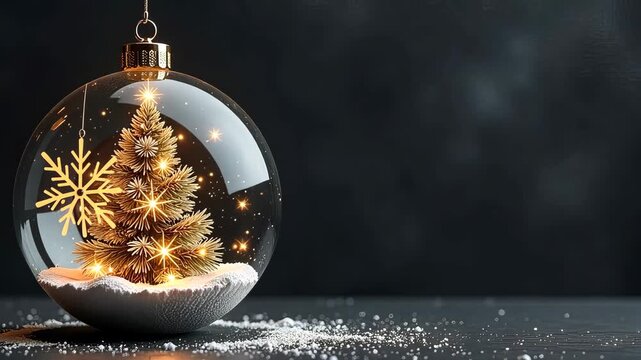 Christmas in black, Christmas tree inside a delicate sphere, bringing a sense of wonder, horizontal banner, header for site, copy space, zoom in