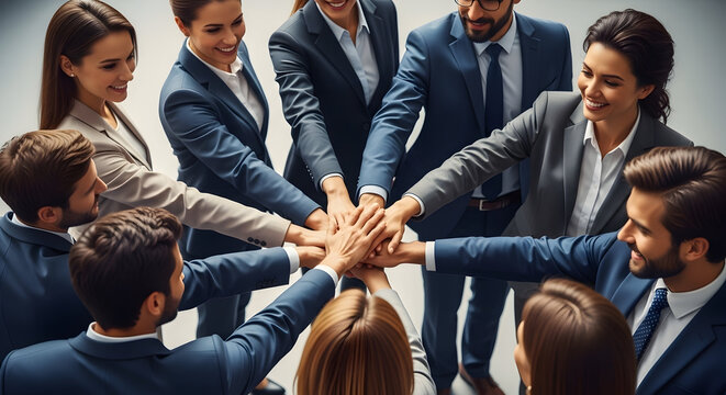 Business team diverse professionals collaborating in a team building exercise with hands stacked together in a modern office environment emphasizing teamwork and unity for corporate success - Powered by Adobe