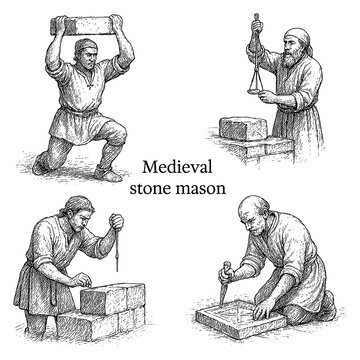 Medieval stone mason workers carving and shaping stone in vintage engraving style, Transparent Background