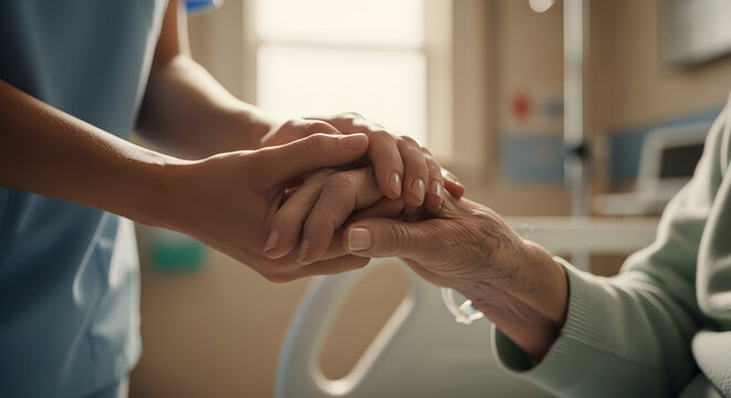 Compassionate healthcare professionals holding hands of elderly patient in hospital room emphasizing care and support in medical environment