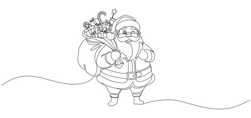 Santa Claus carrying gifts bag continuous line drawing