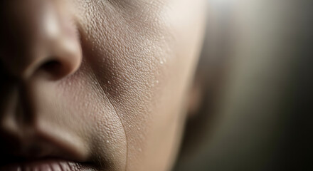 Close up of a womans face showing skin texture and wrinkles.