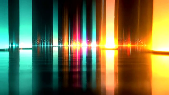 Dynamic Light Reflections and Vibrant Color Transitions Over a Night City Skyline
