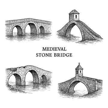 Medieval stone bridges with arched structures in vintage engraving style, Transparent Background