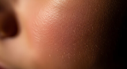 Close up of human skin texture with redness and pores visible.