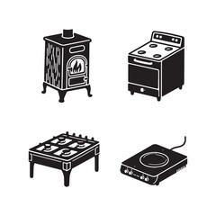 Black Glyph Icons of Stove Appliances Wood Stove, Gas Range, and Induction Cooktop. 