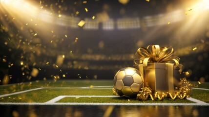 A soccer ball and a gold box are on a field with confetti