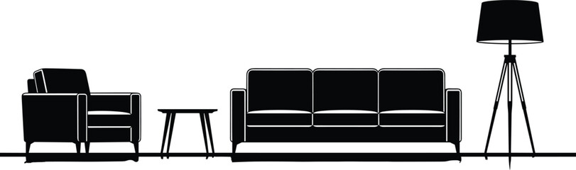 Modern living room interior with sofa, armchair, table, floor lamp, stylish minimalist furniture design silhouette illustration for home decor themes