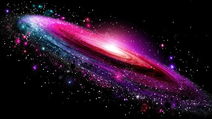 A stunning spiral galaxy, illuminated by a bright central core, displays swirling arms of pink, purple, and blue nebulae amidst a field of countless stars again