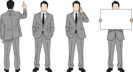 Professional businessman illustration set showing multiple poses, gestures and actions in corporate suit, ideal for presentations, business concepts, marketing visuals, and branding