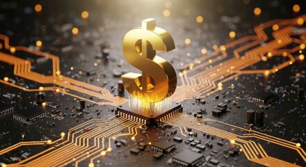 Golden Dollar Symbol on Electronic Circuitry Microchip