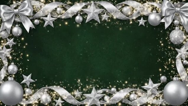 Silver metallic Christmas border with twinkling particles on green background